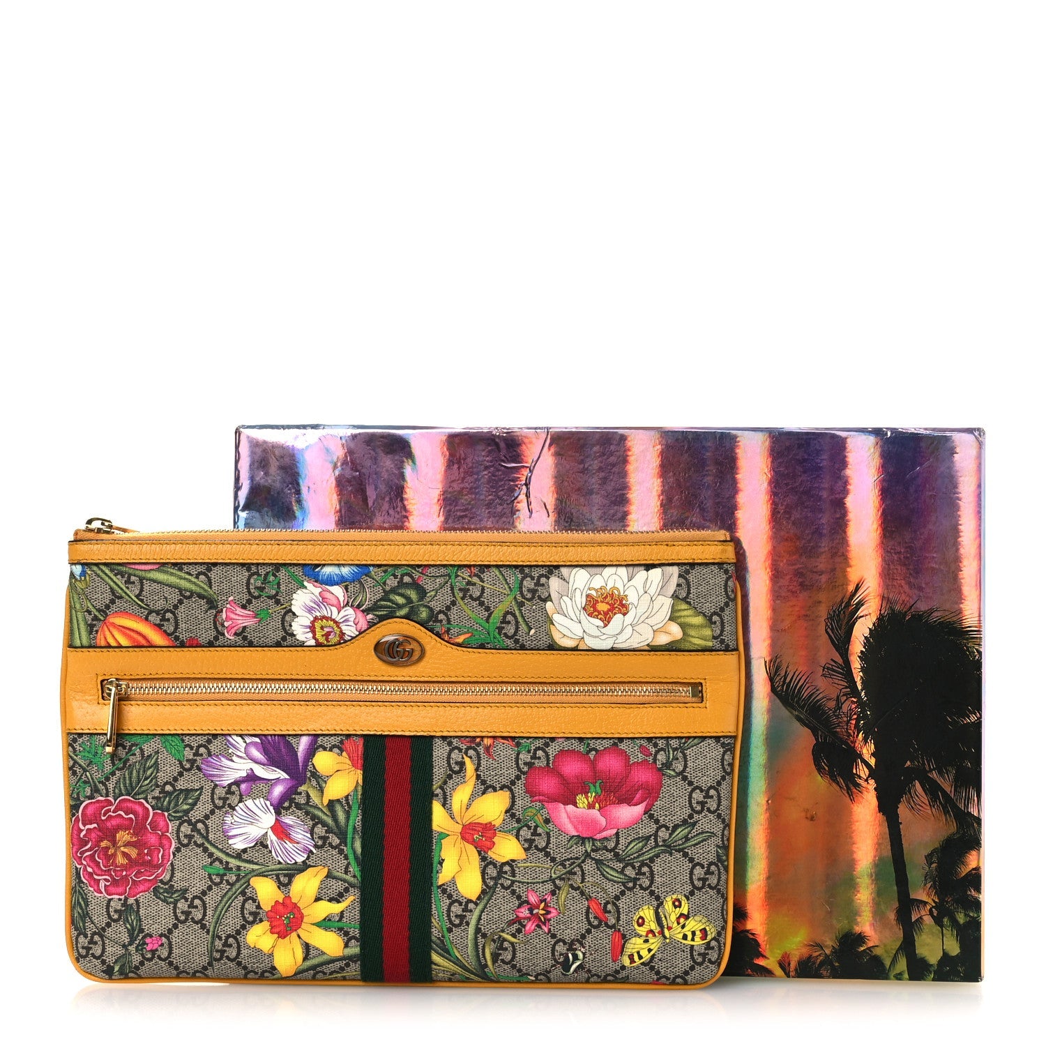 GG Supreme Monogram Flora Large Ophidia Pouch Clutch Beige Multicolor Crop