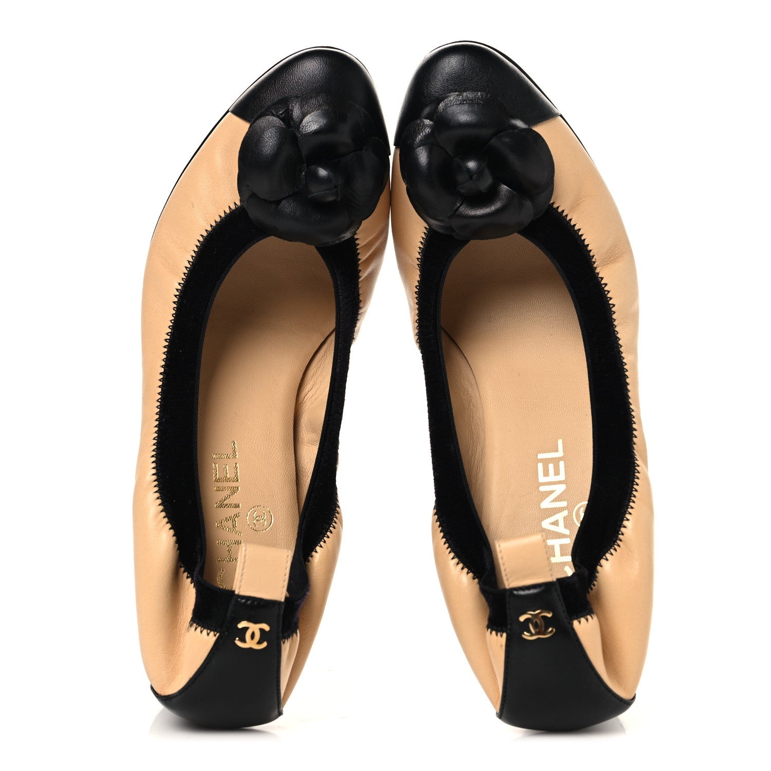Lambskin Camellia CC Elastic Stretch Pumps 40 Beige Black