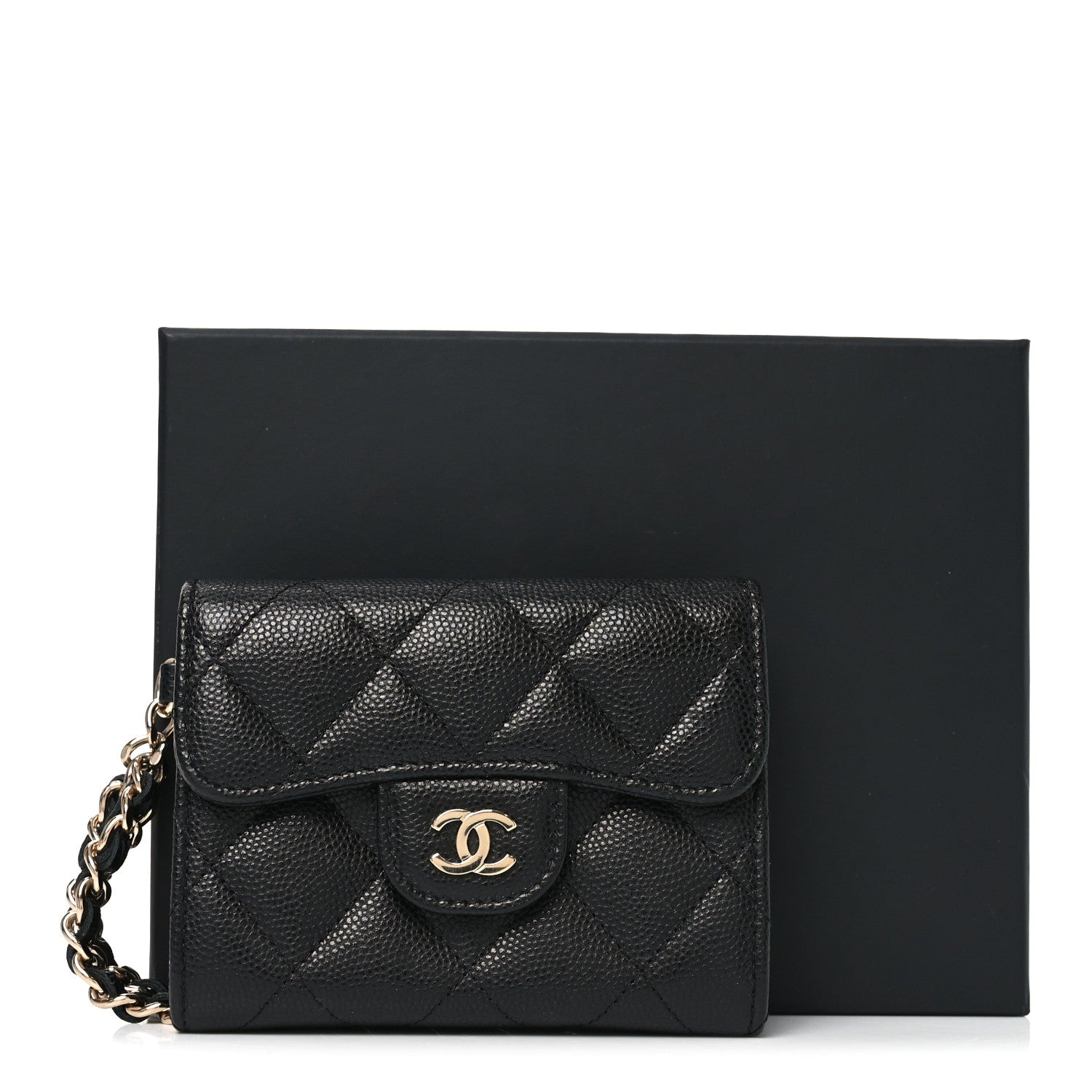 Caviar Quilted Flap Card Holder Chain Wristlet Black