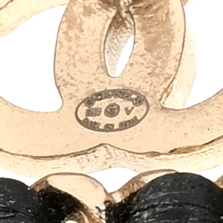 Crystal Lambskin Chain Sergeant Chanel Stud Earrings Black Gold