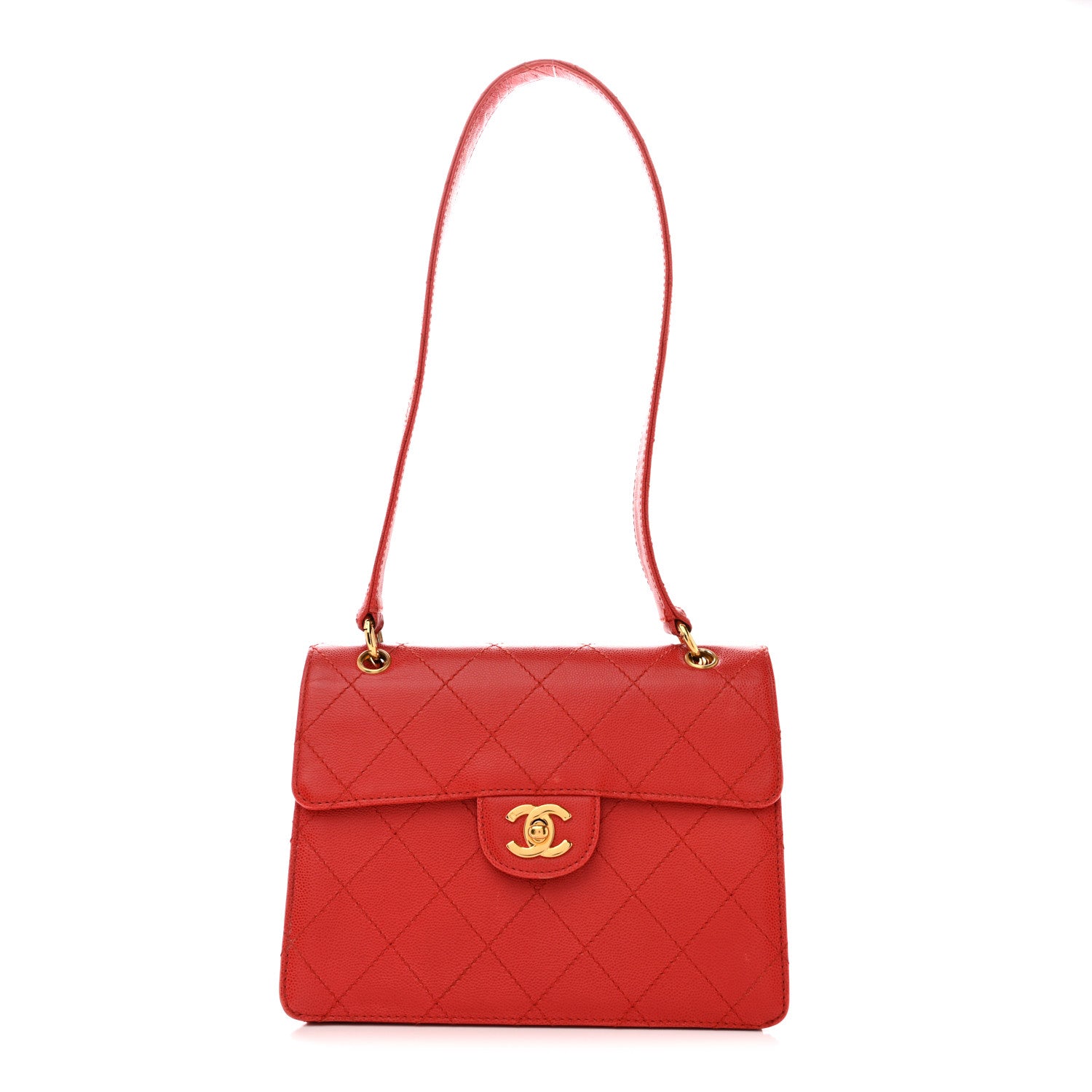 Caviar Stitched Flap Shoulder Bag Red