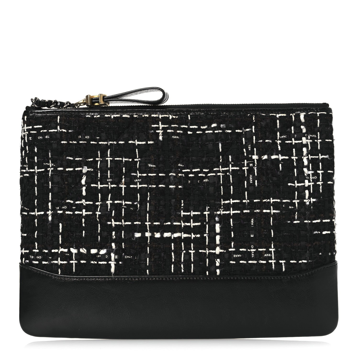 Tweed Calfskin Quilted Medium Cosmetic Pouch Black White