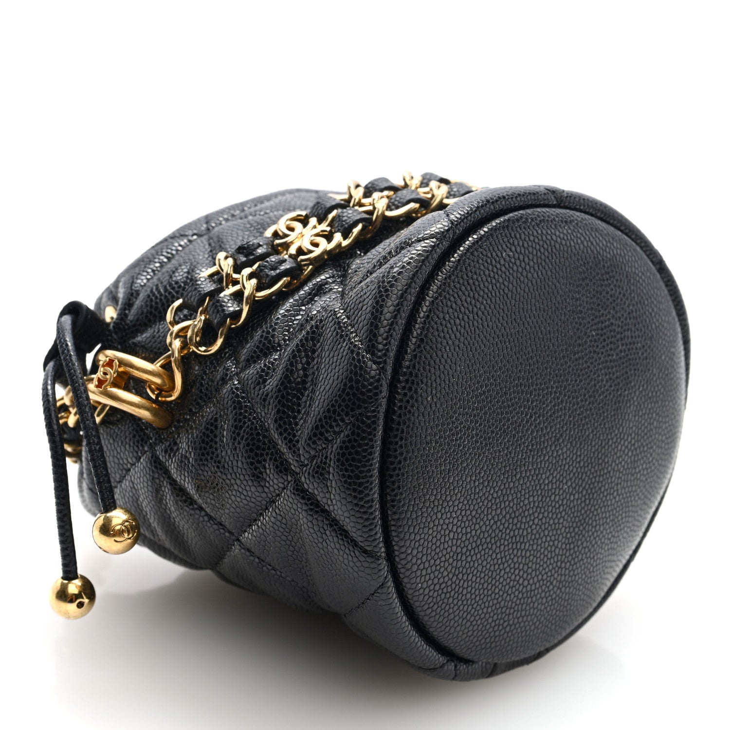 Caviar Quilted Coco First Bucket Clutch With Chain Black