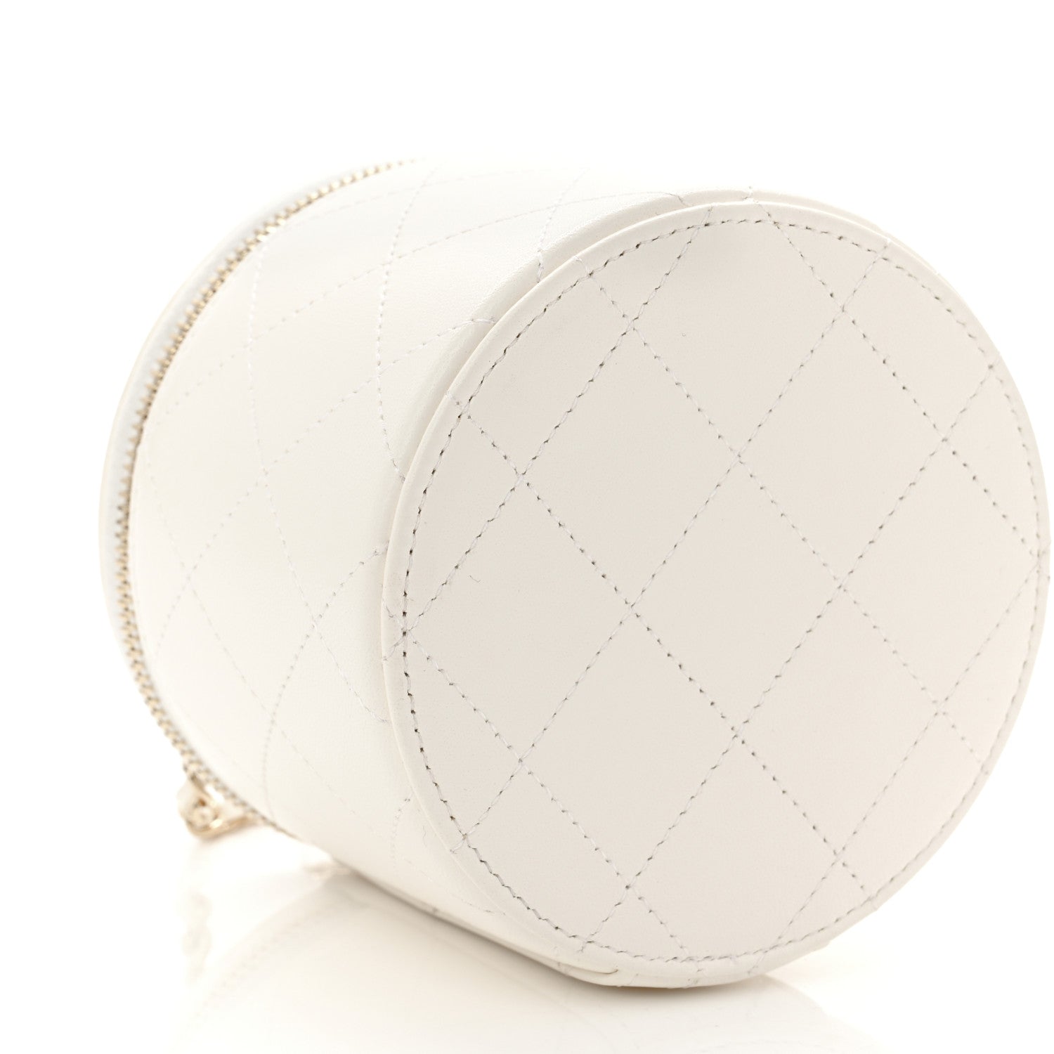 Lambskin Quilted Round Small Vanity Case With Chain White Black
