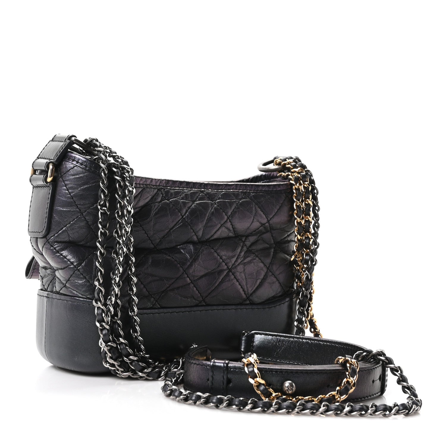 Iridescent Aged Calfskin Quilted Small Gabrielle Hobo Black