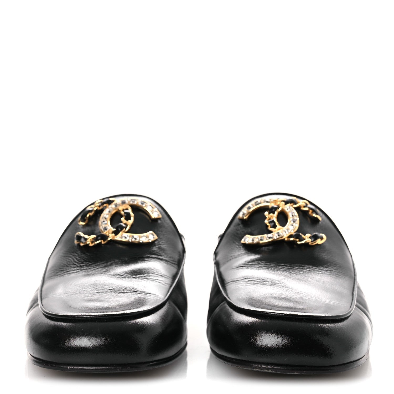 Shiny Calfskin Crystal CC Mules 41 Black
