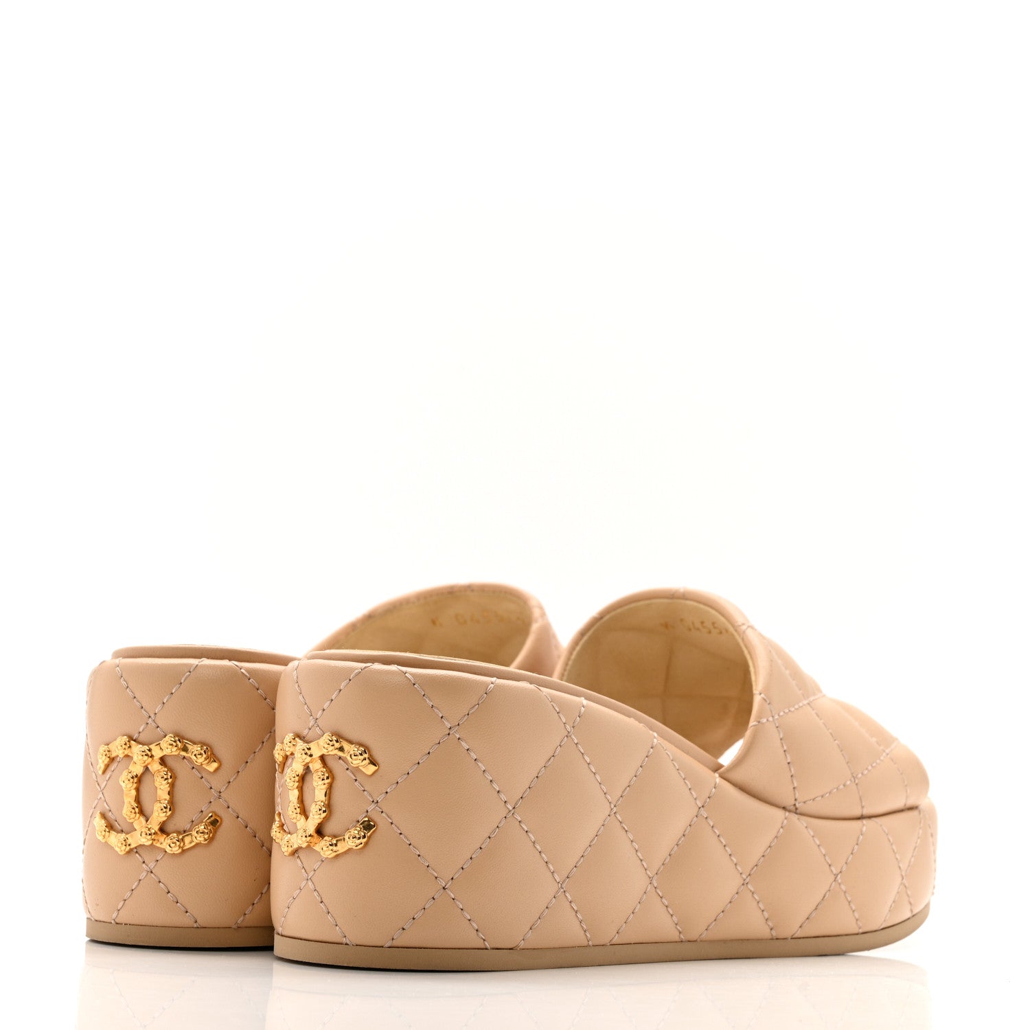 Lambskin Quilted Camelia CC Wedge Sandal Mules 38 Beige