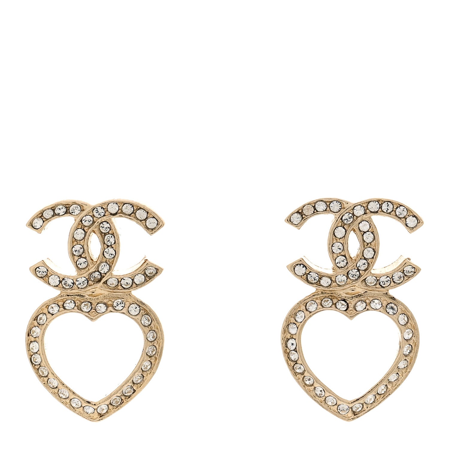 Metal Crystal CC Heart Drop Earrings Gold