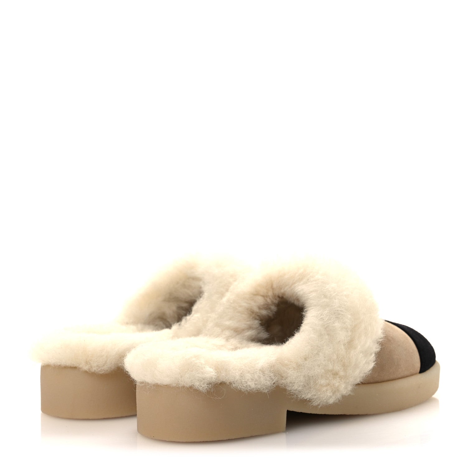 Suede Shearling CC Cap Toe Mules 39 Beige Black
