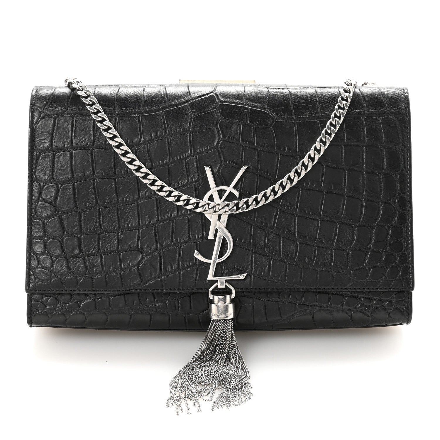 Calfskin Crocodile Embossed Medium Classic Monogram Kate Tassel Satchel Black