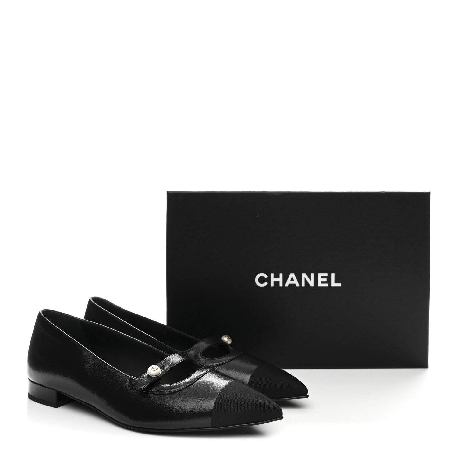Shiny Lambskin Grosgrain Pearl Mary Jane Flats 40 Black