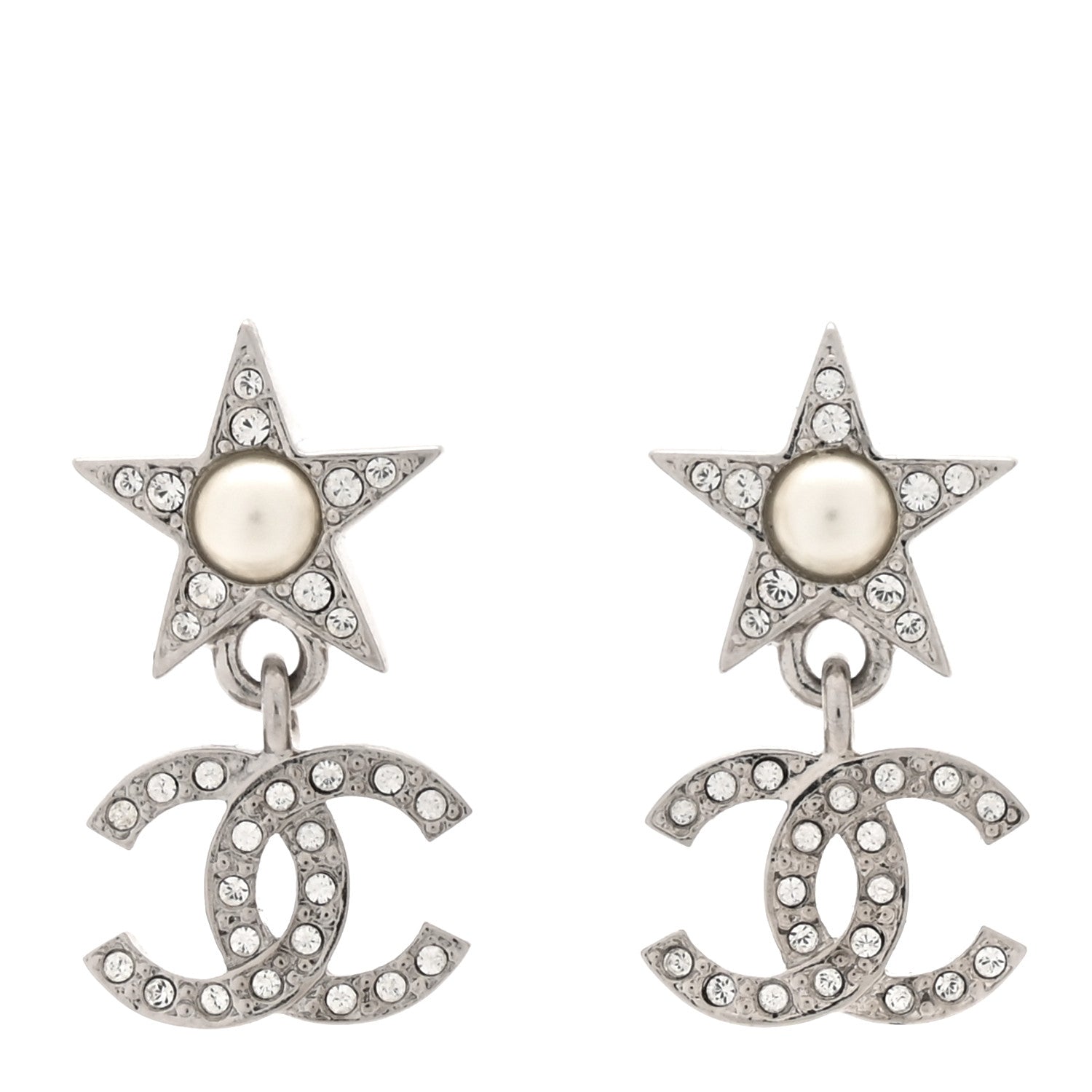 Crystal CC Pearl Star Drop Earrings Silver
