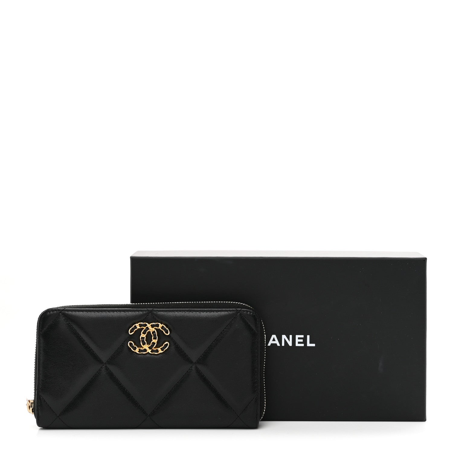 Shiny Goatskin Quilted Chanel 19 Long Zipped Around Wallet Black