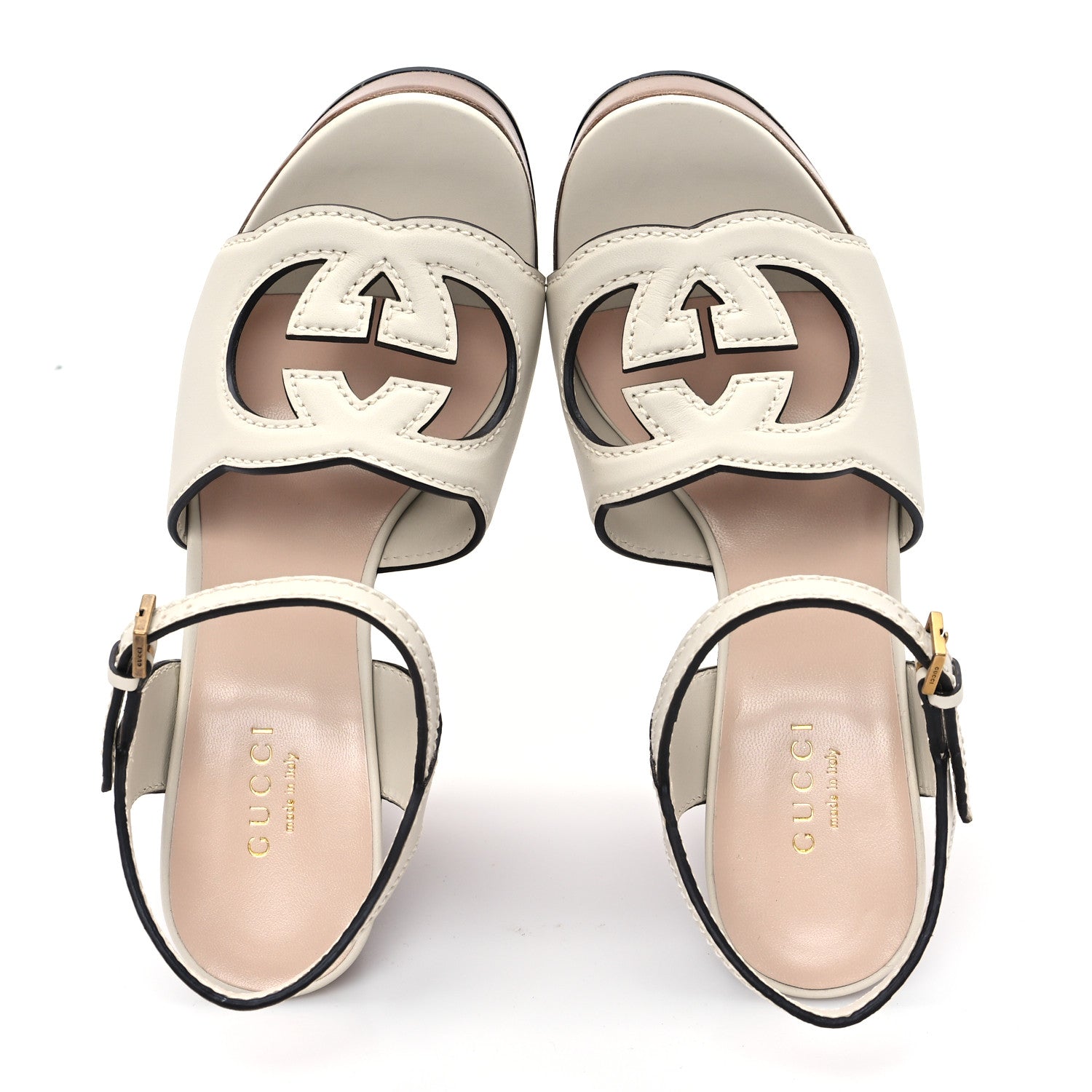 Cosmos Softy Calfskin Wooden Interlocking G Cut-Out 30/120mm Platform Sandals 35 Mystic White