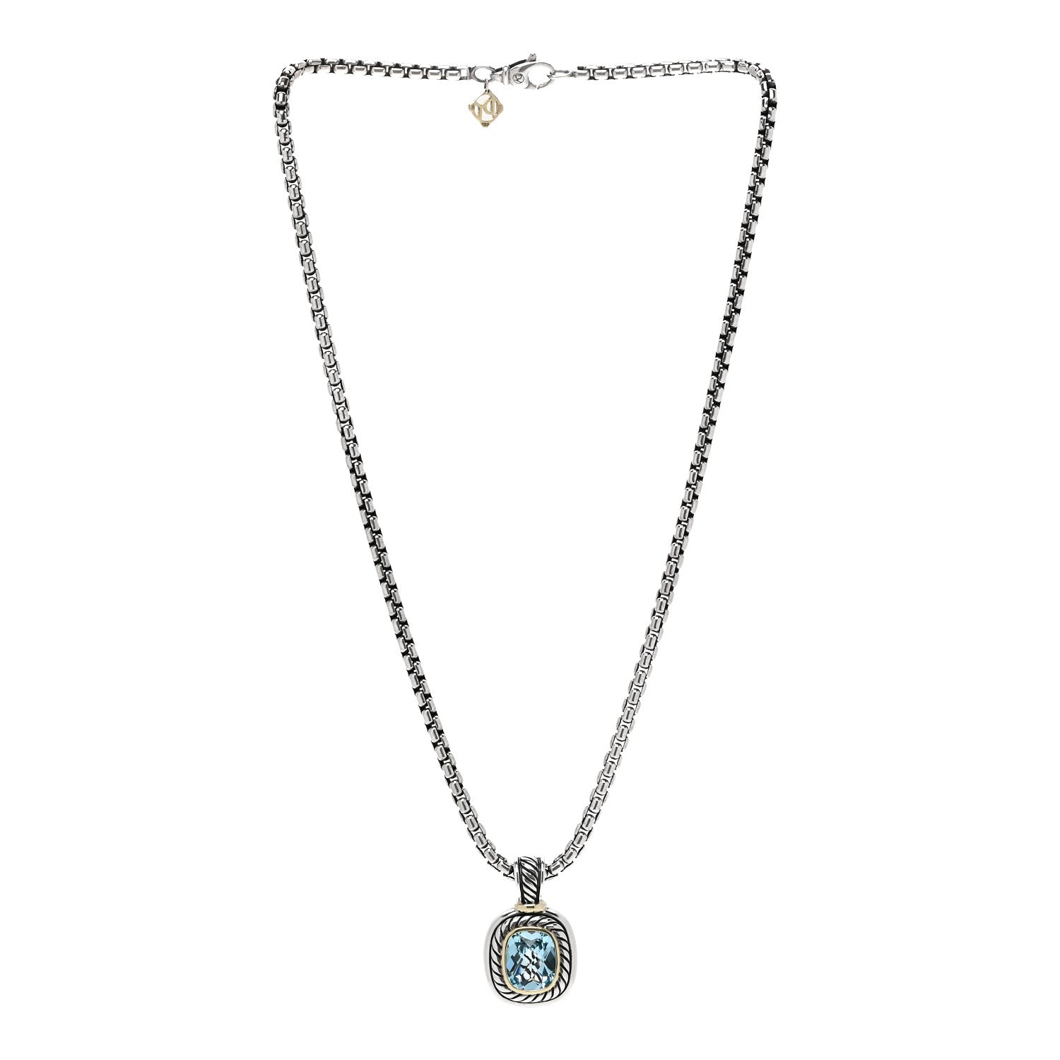 Sterling Silver 14K Yellow Gold Blue Topaz 12mm Albion Pendant Box Chain Necklace