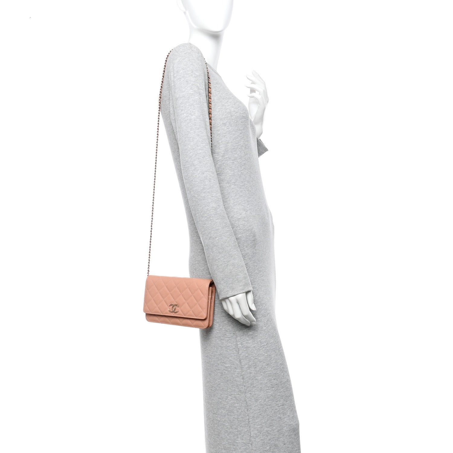 Caviar Quilted Perforated Metal CC Wallet On Chain WOC Beige