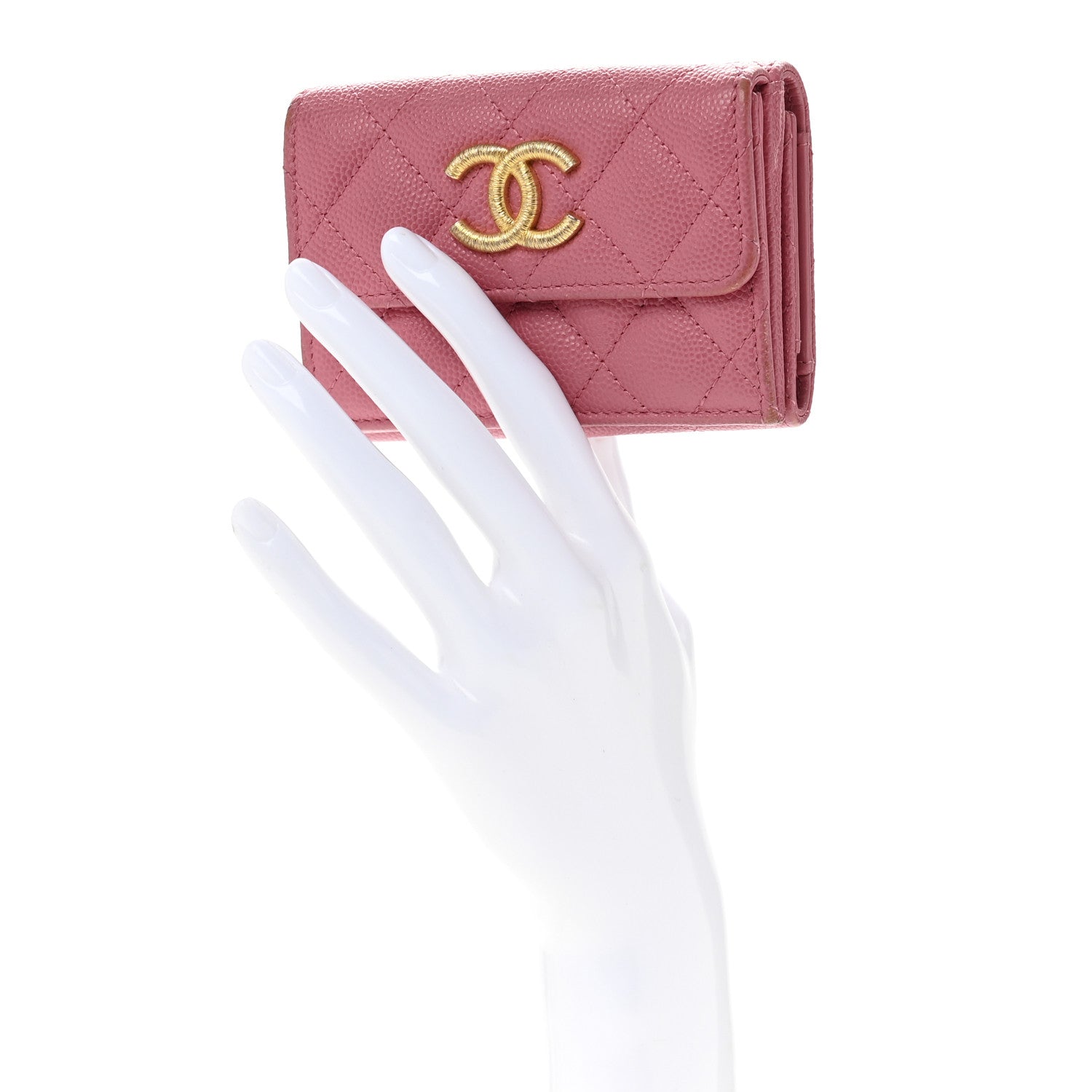 Caviar Quilted Textured CC Small Tri-Fold Flap Wallet Pink