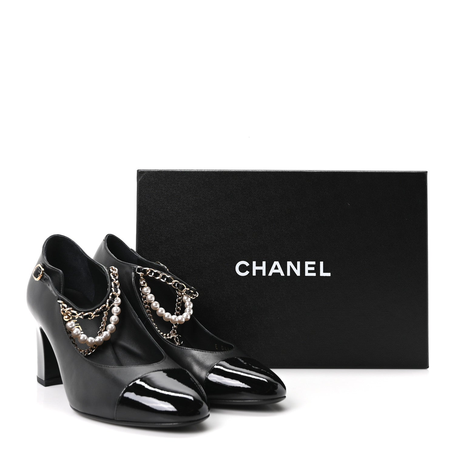 Shiny Lambskin Patent Calfskin Cap Toe Ankle Pearl Chain Pumps 39.5 Black