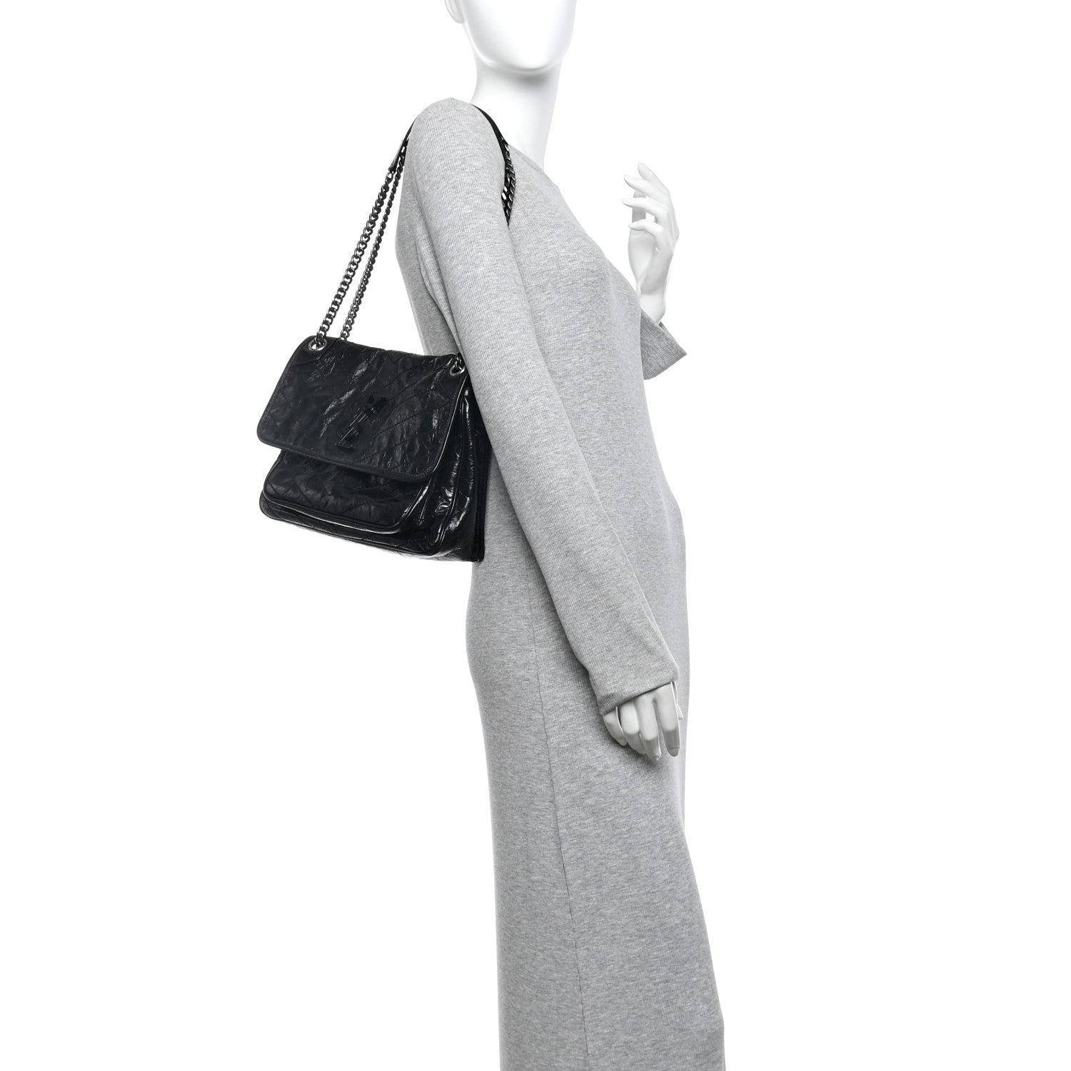 Crinkled Calfskin Matelasse Monogram Medium Niki Chain Satchel Black