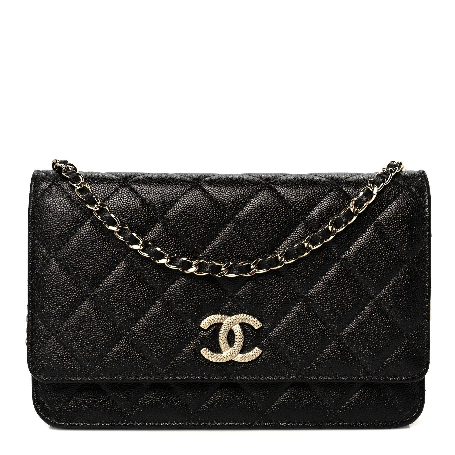 Caviar Quilted Studded CC Wallet on Chain WOC Black