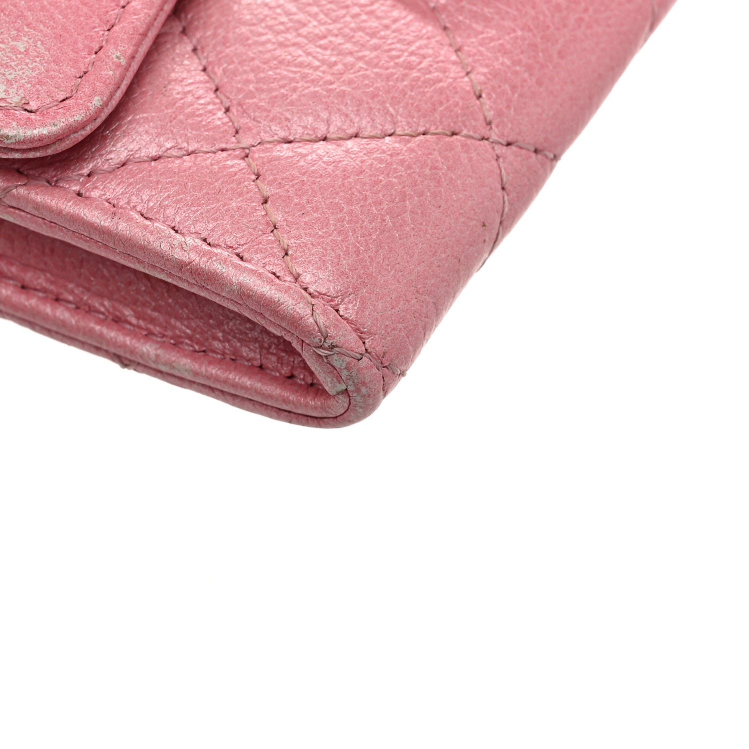 Iridescent Aged Calfskin Quilted Flap Card Holder Wallet Pink