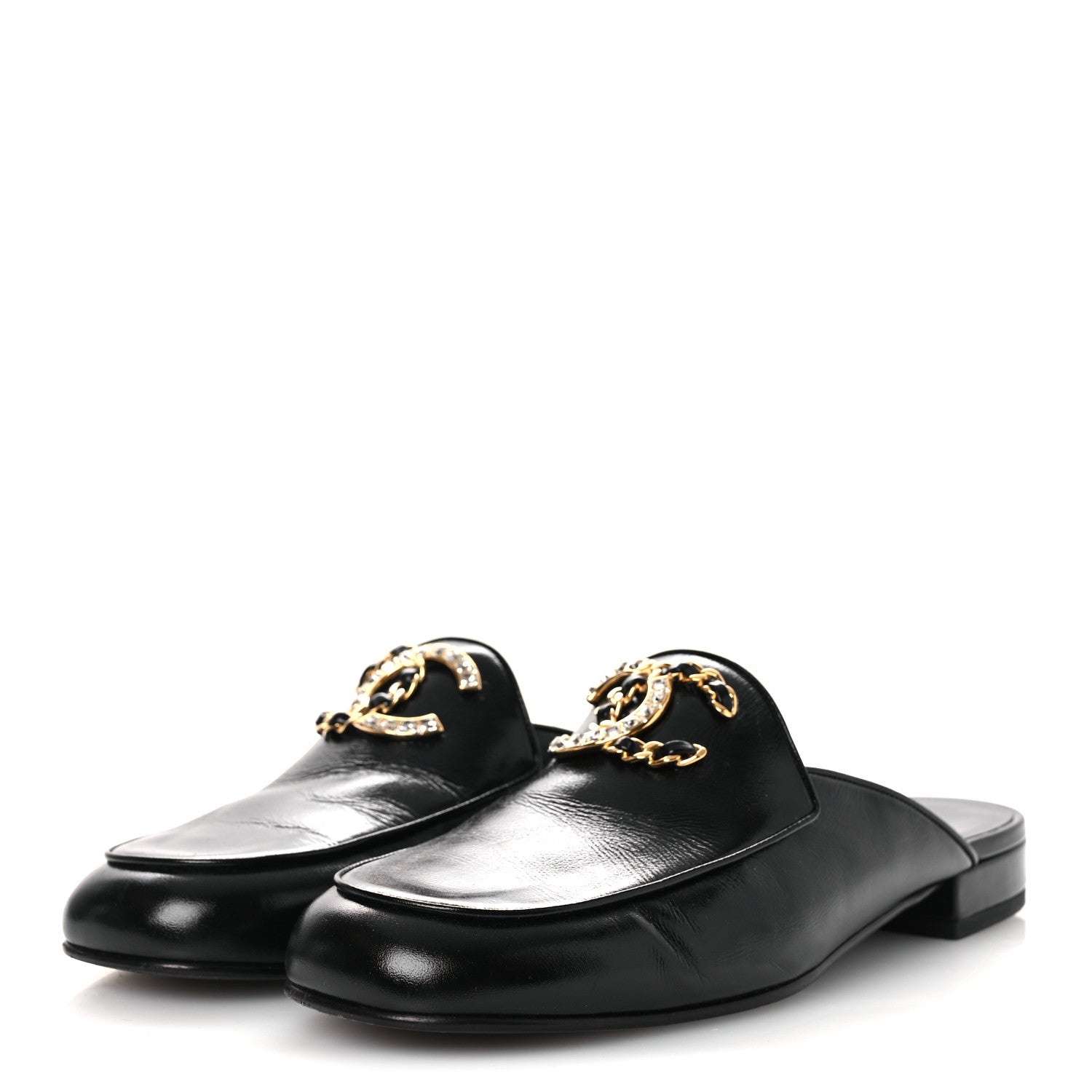 Shiny Calfskin Crystal CC Mules 41 Black