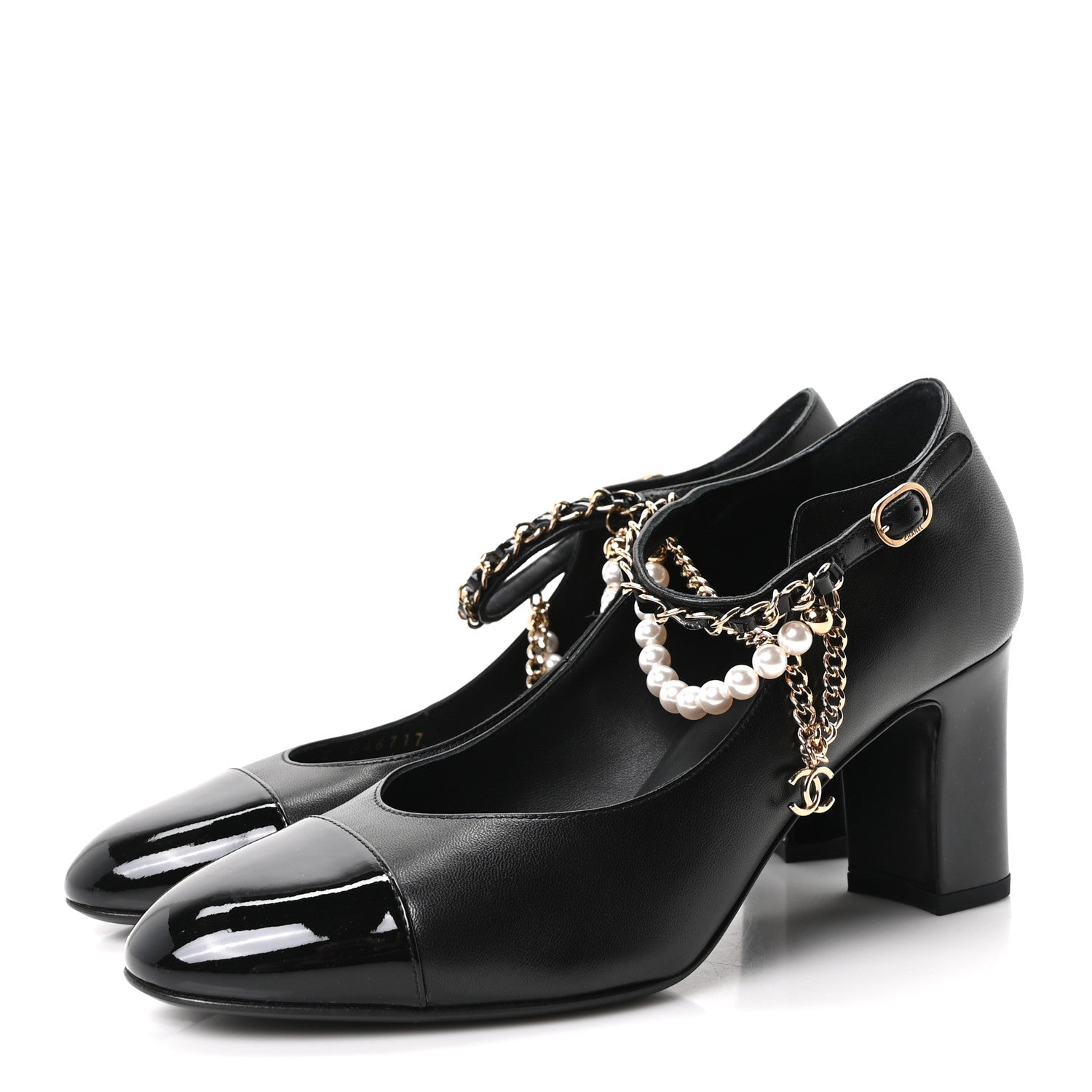 Shiny Lambskin Patent Calfskin Cap Toe Ankle Pearl Chain Pumps 39.5 Black