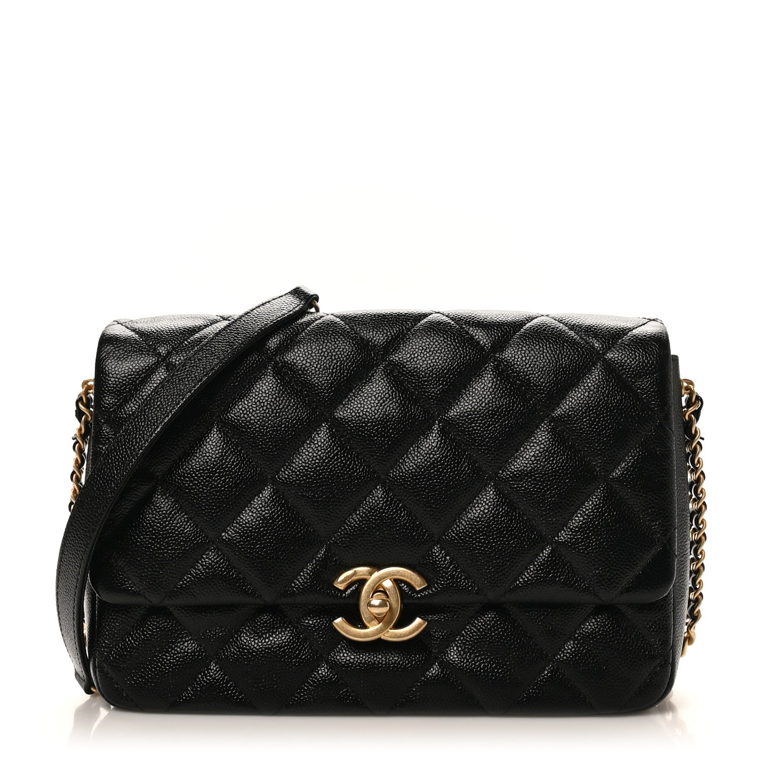 Shiny Caviar Quilted Large Chain Melody Flap Black