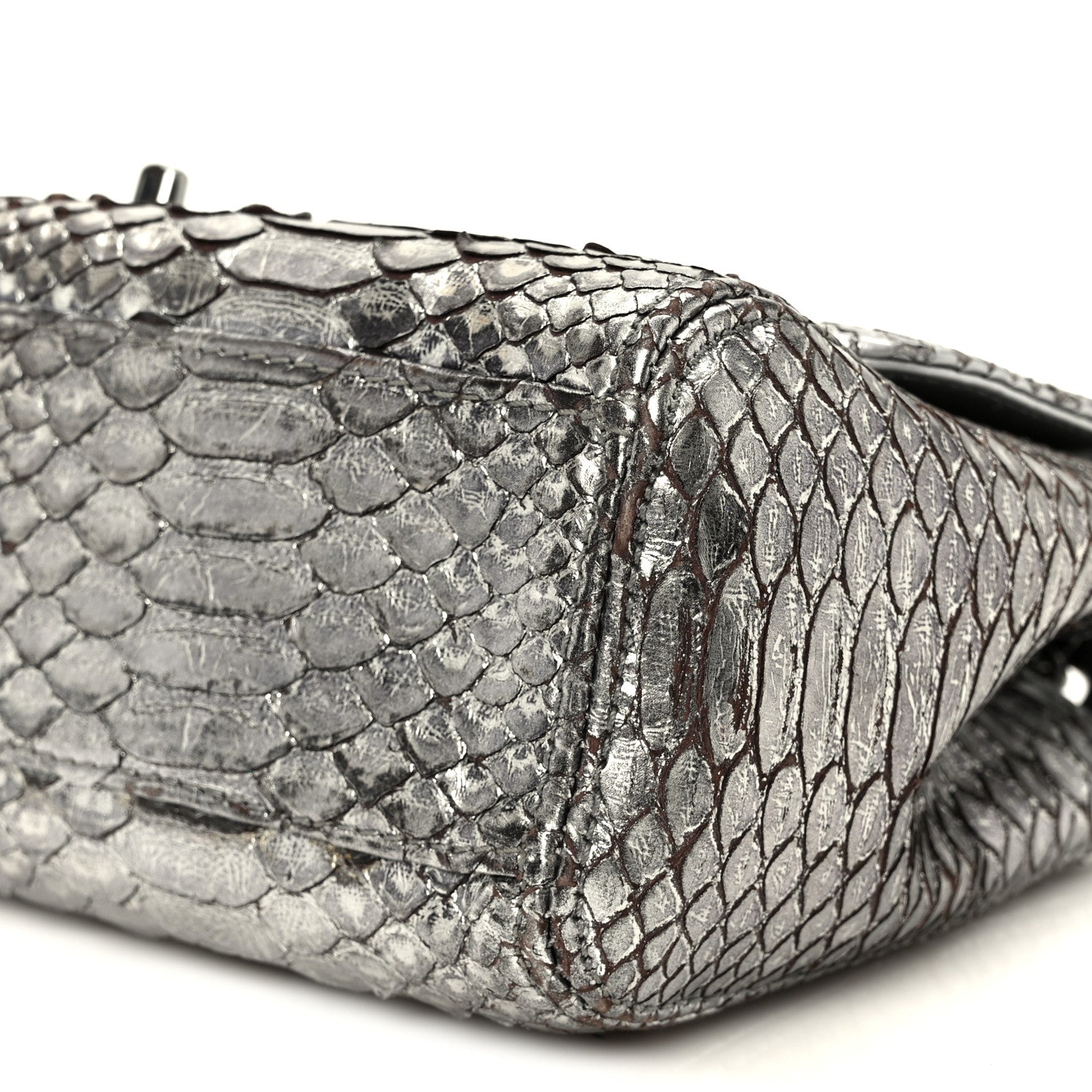 Metallic Snakeskin Medium Single Flap Silver