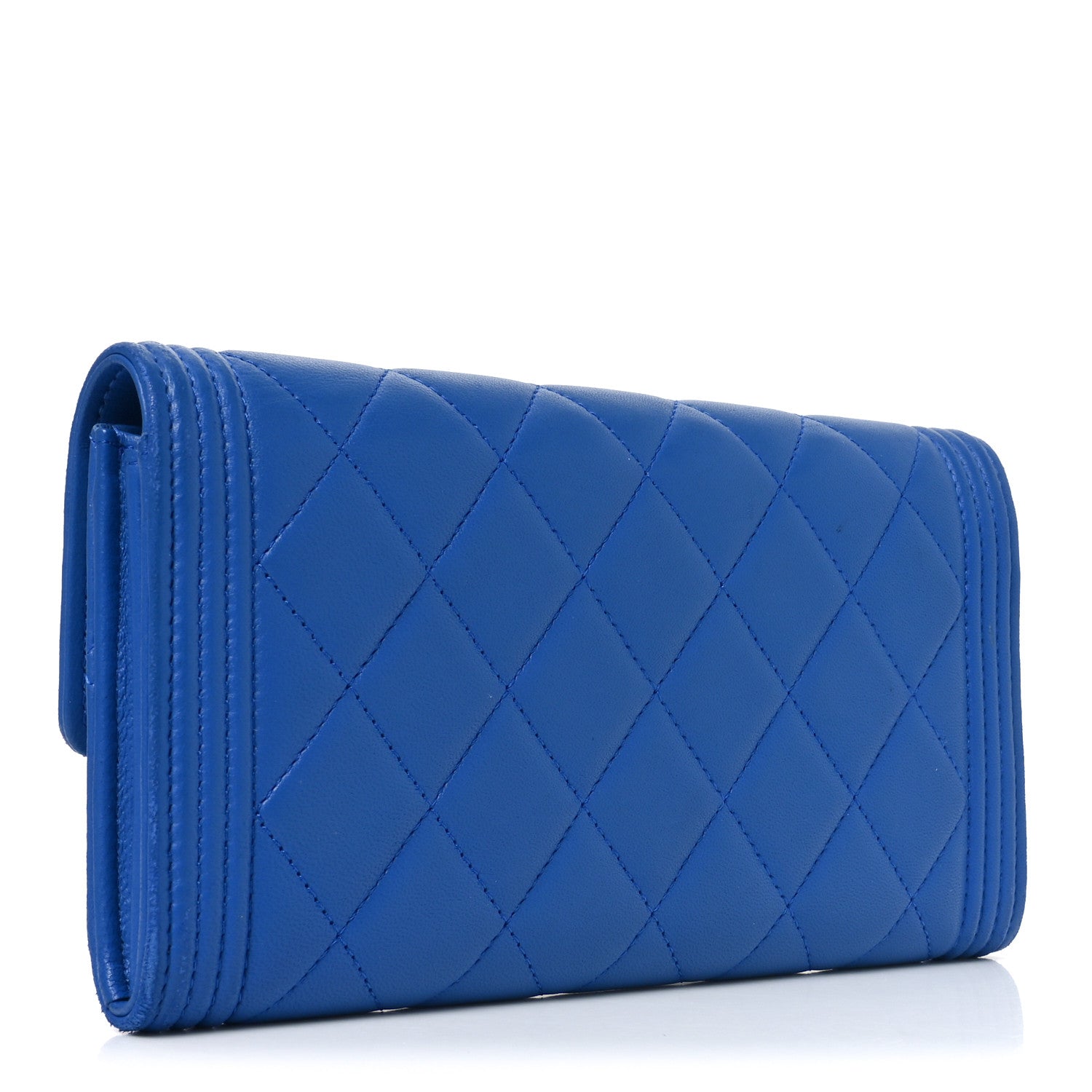 Lambskin Quilted Large Boy Gusset Flap Wallet Blue