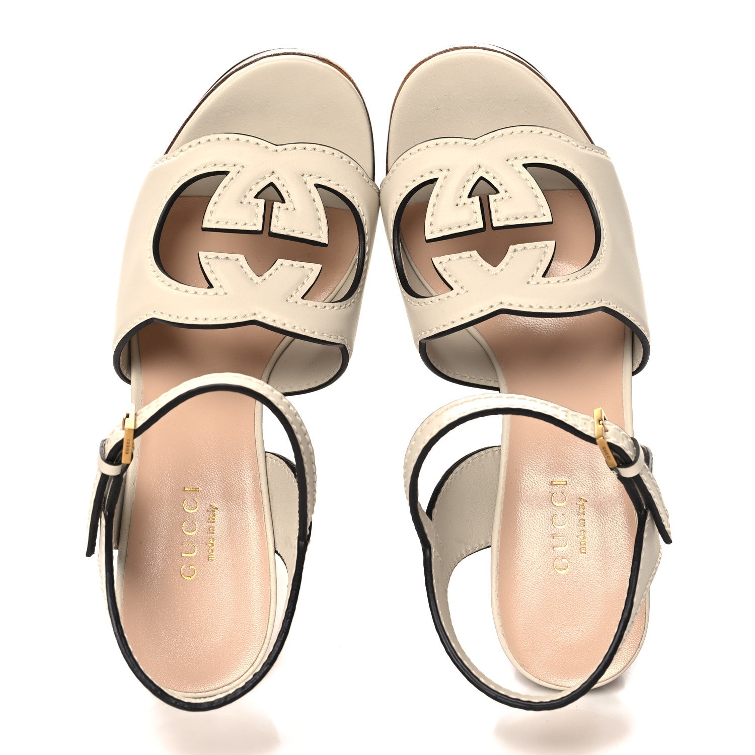 Cosmos Softy Calfskin Wooden Interlocking G Cut-Out 30/120mm Platform Sandals 35 Mystic White