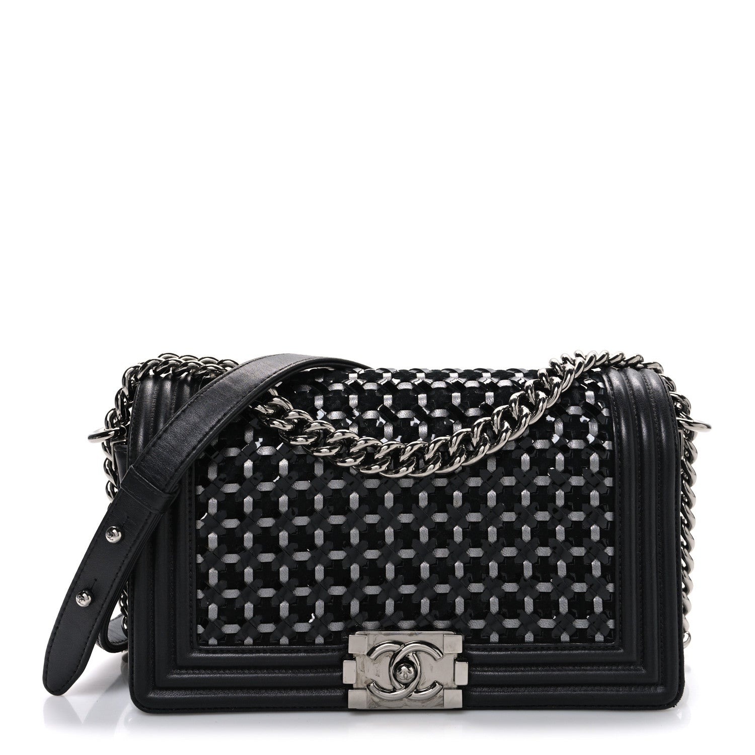 Calfskin Patent Braided Medium Boy Flap Black