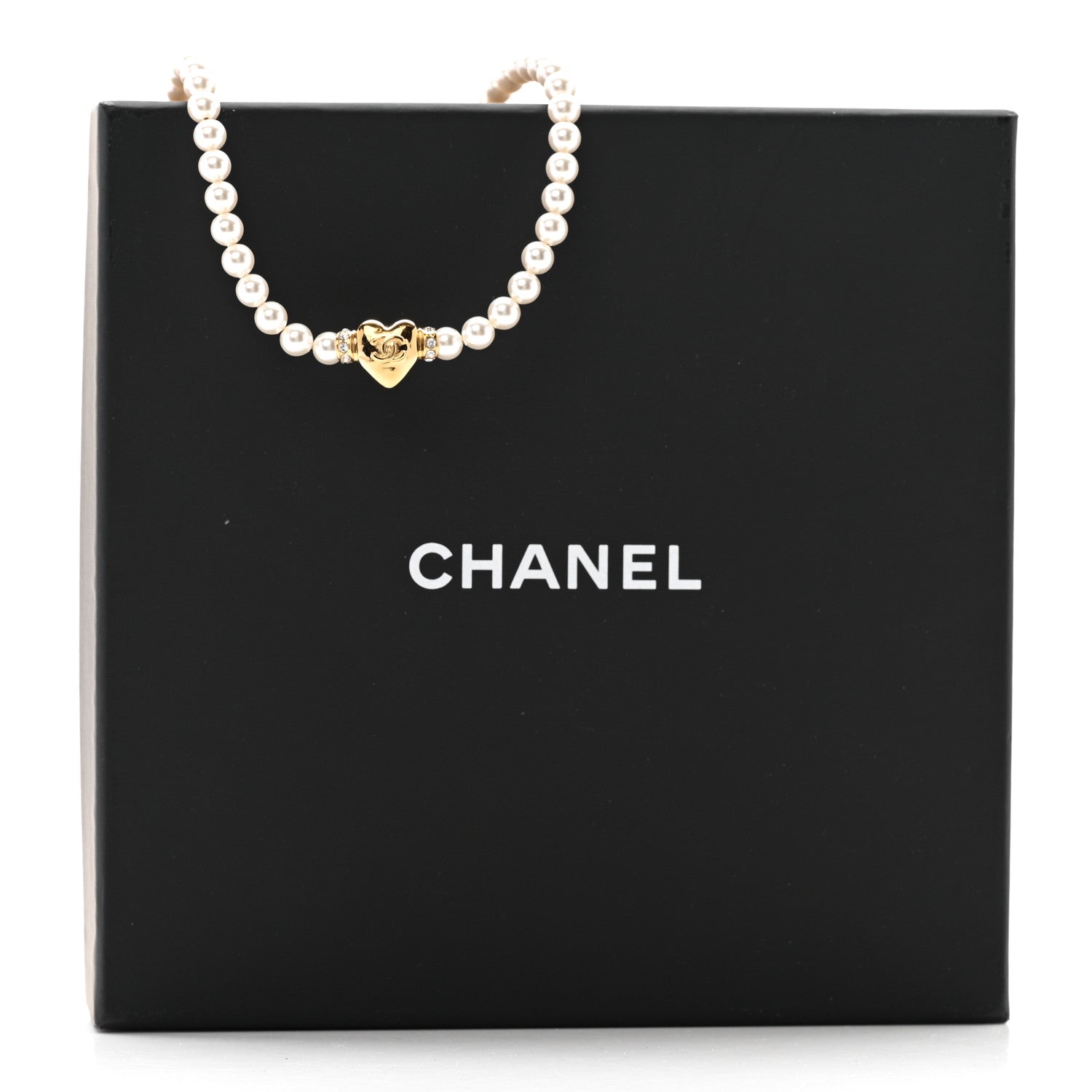 Crystal Pearl CC Heart Choker Necklace Gold