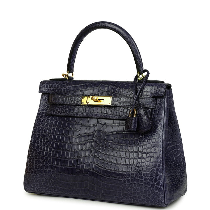 Hermes Kelly Retourne 28 Bleu Nuit Satin Matte Porosus Crocodile Gold Hardware