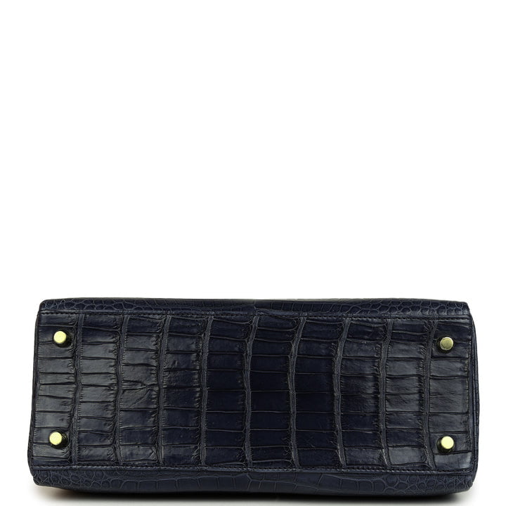 Hermes Kelly Retourne 28 Bleu Nuit Satin Matte Porosus Crocodile Gold Hardware