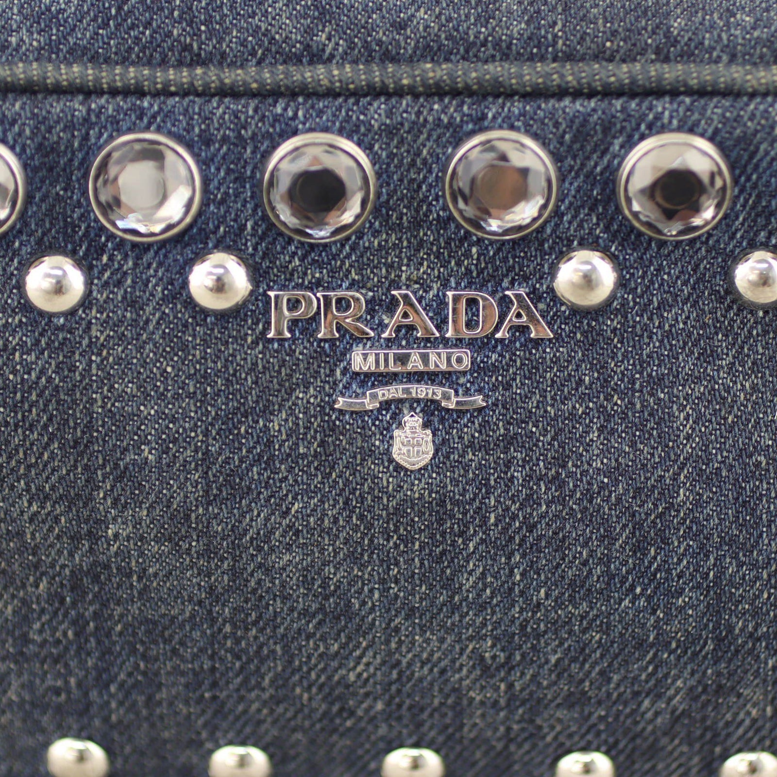 Prada Denim Borchie Embellished Mini Camera Bag