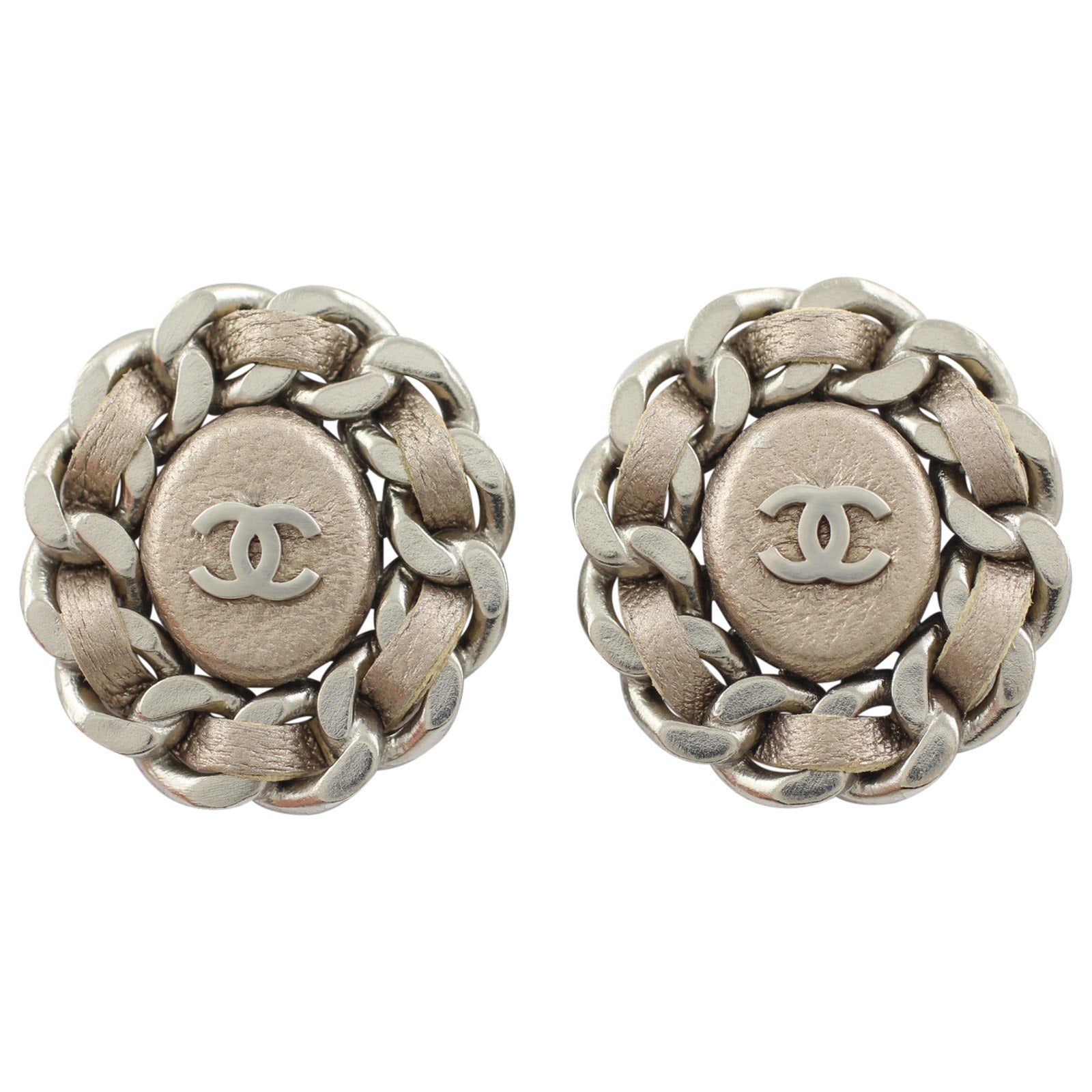Chanel CC Leather Woven Chain Earrings