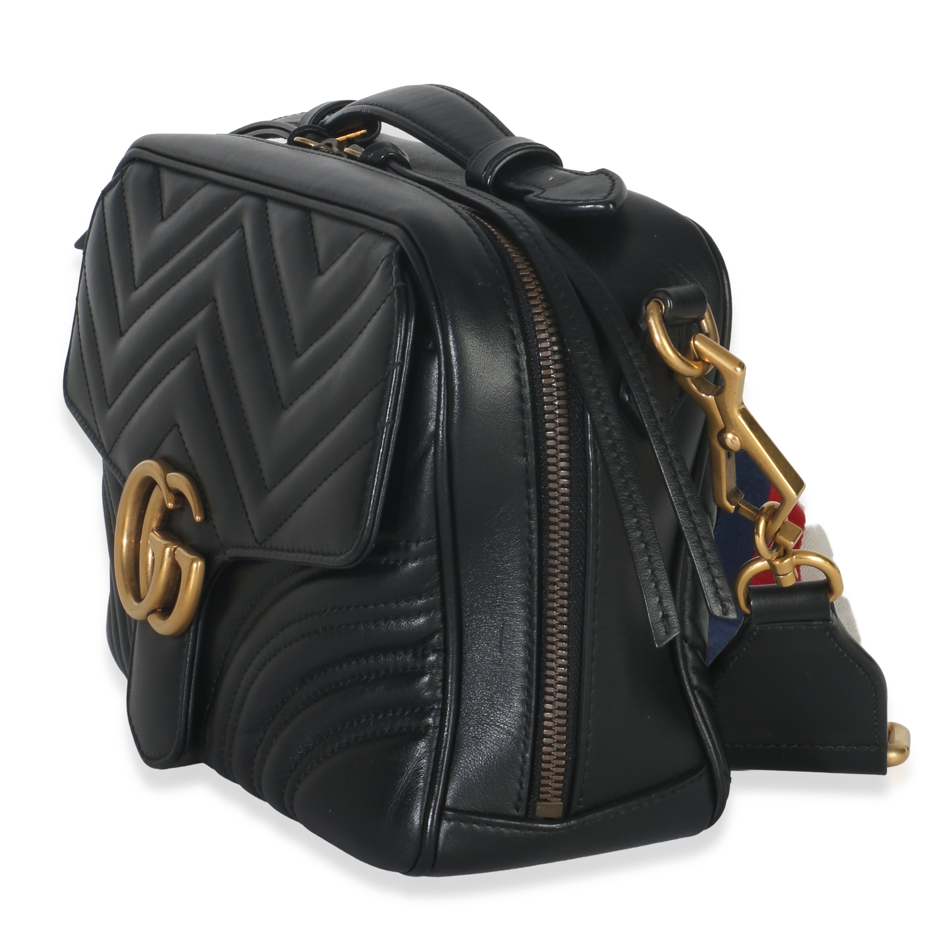 Black Calfskin Matelasse Sylvie Web Small GG Marmont Top Handle Bag
